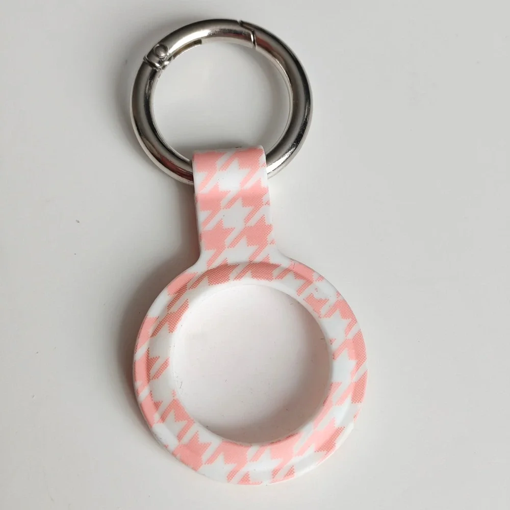 Pink Houndstooth Silicone AirTag Case with Silver Carabiner Key Ring Holder